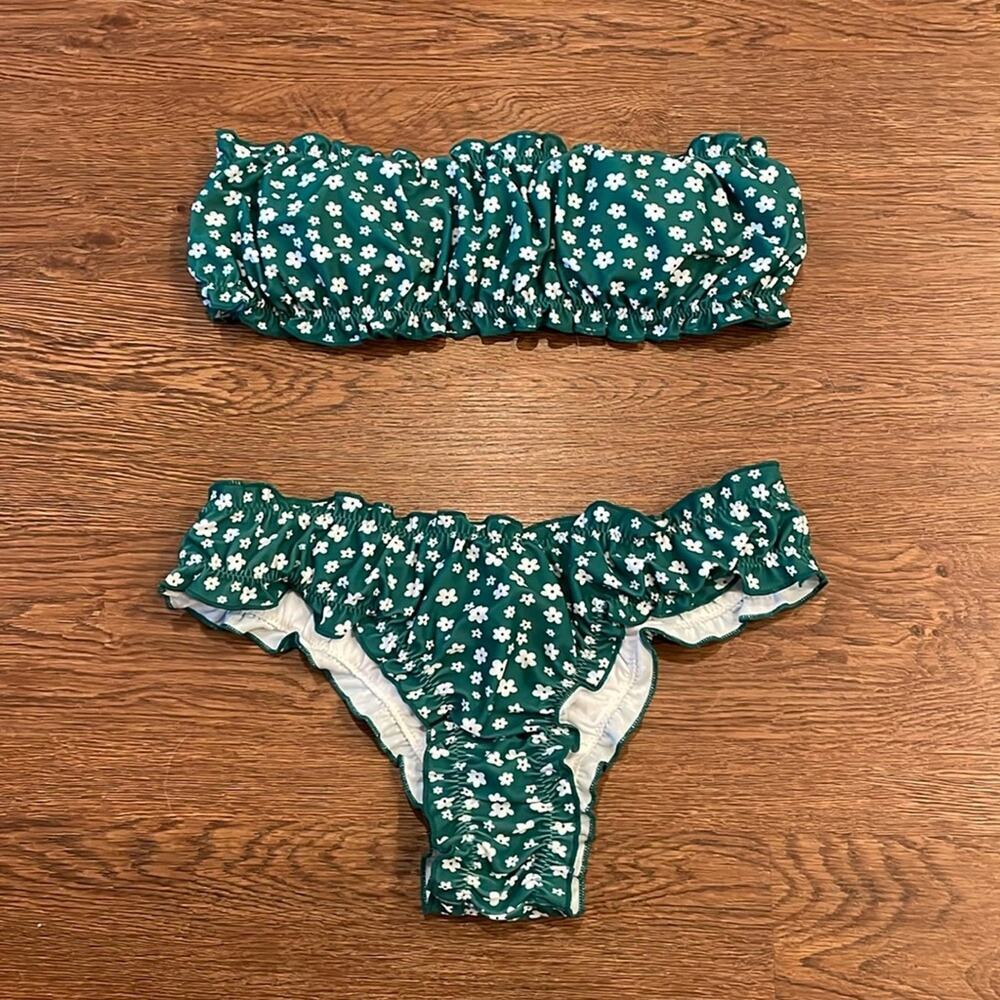 SHEIN Kelly Green Two Piece Floral Cheeky & Strapless Top Swimsuit Size S